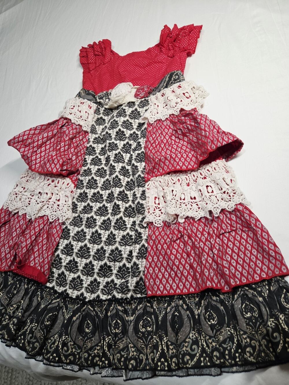 Mustard Pie Mckenna Patchwork Dress Sz 10 Girl Boho Red Polka Ruffle Cotton Lace